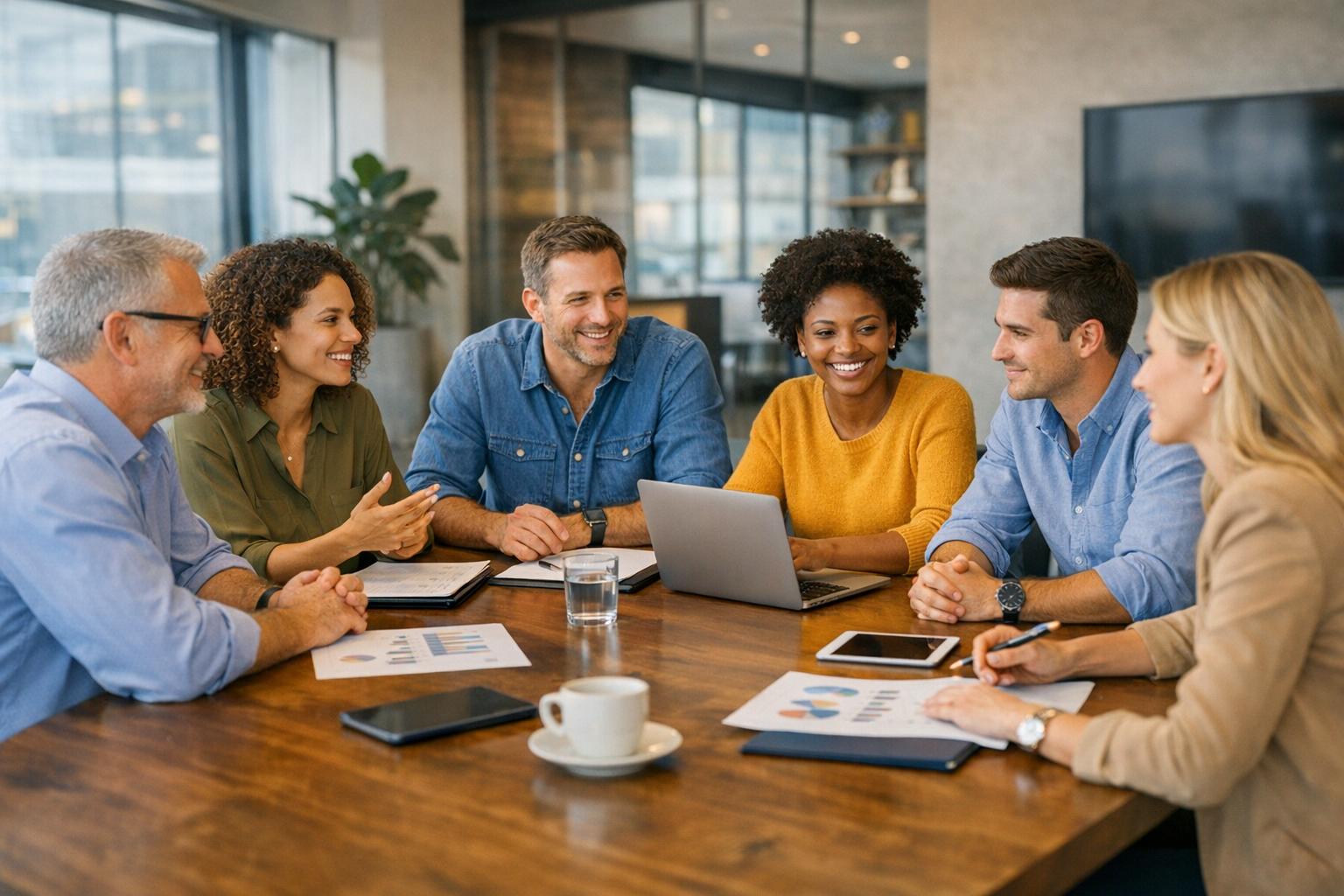 Team collaborating in modern office meeting