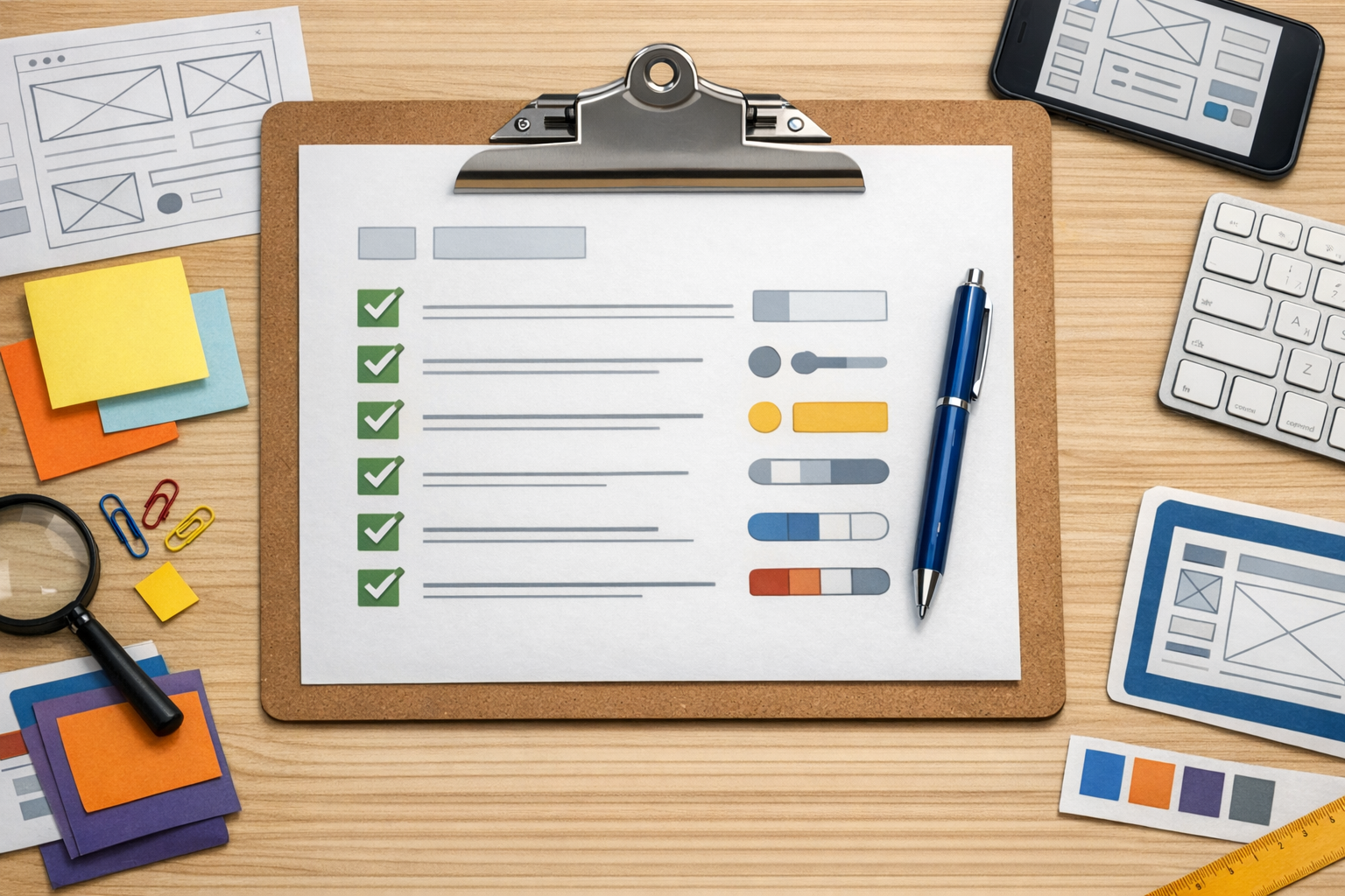 UX checklist on clipboard with pen