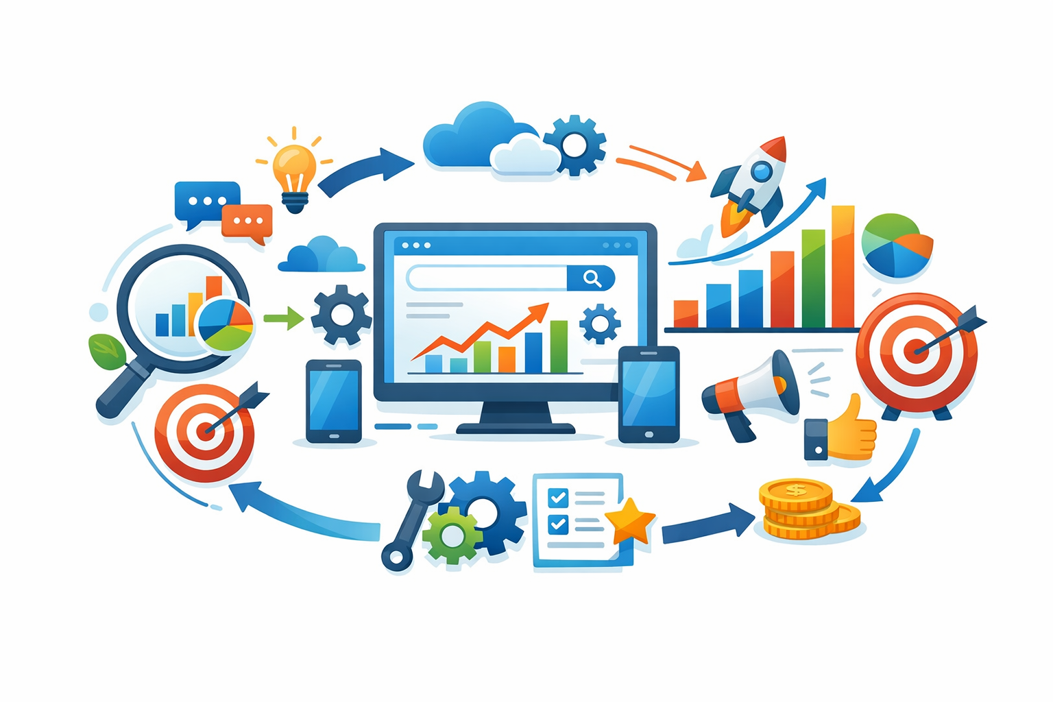 SEO workflow process diagram with icons