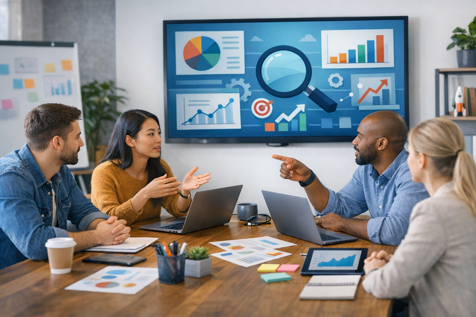 Team collaborating on SEO strategy analysis