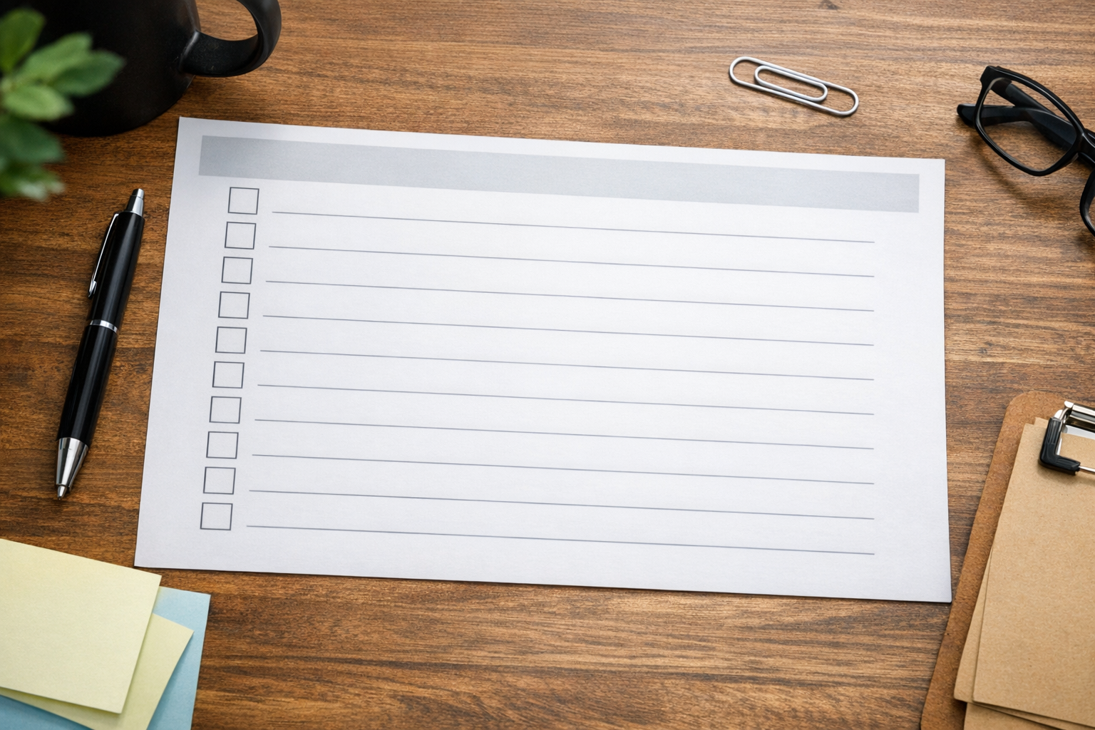 Printed checklist on wooden desk surface