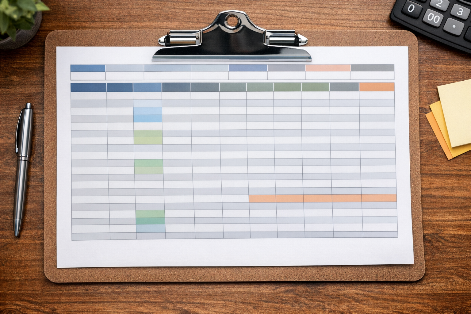 Printed spreadsheet on clipboard with data