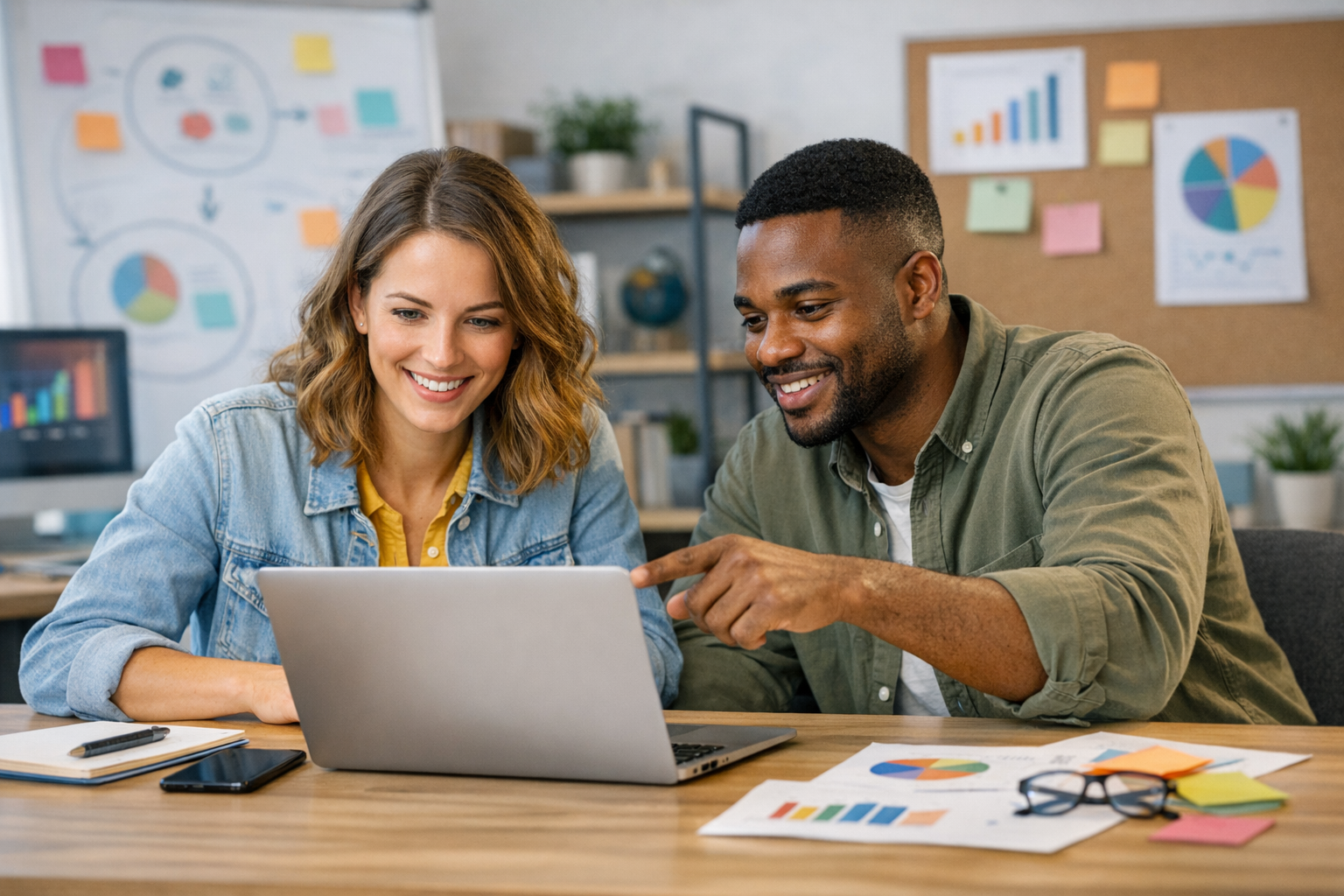 Two marketers collaborating on laptop