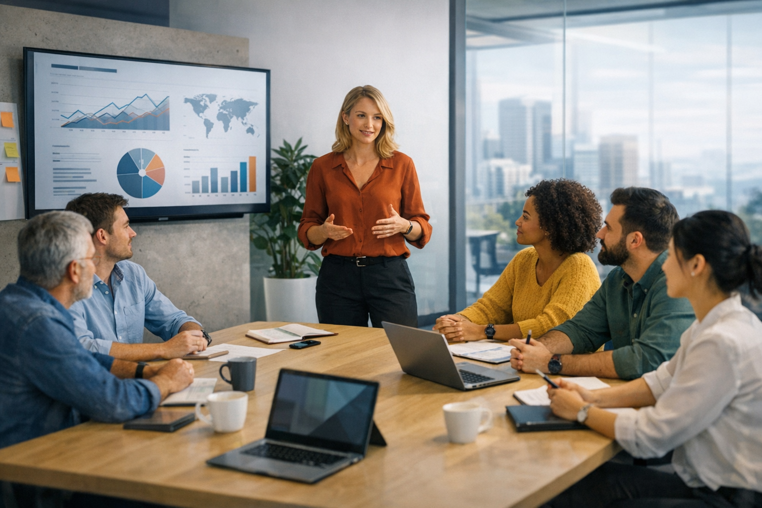 Team collaborating in modern office meeting