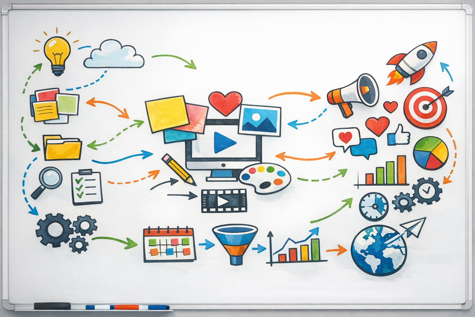 Content workflow diagram on whiteboard
