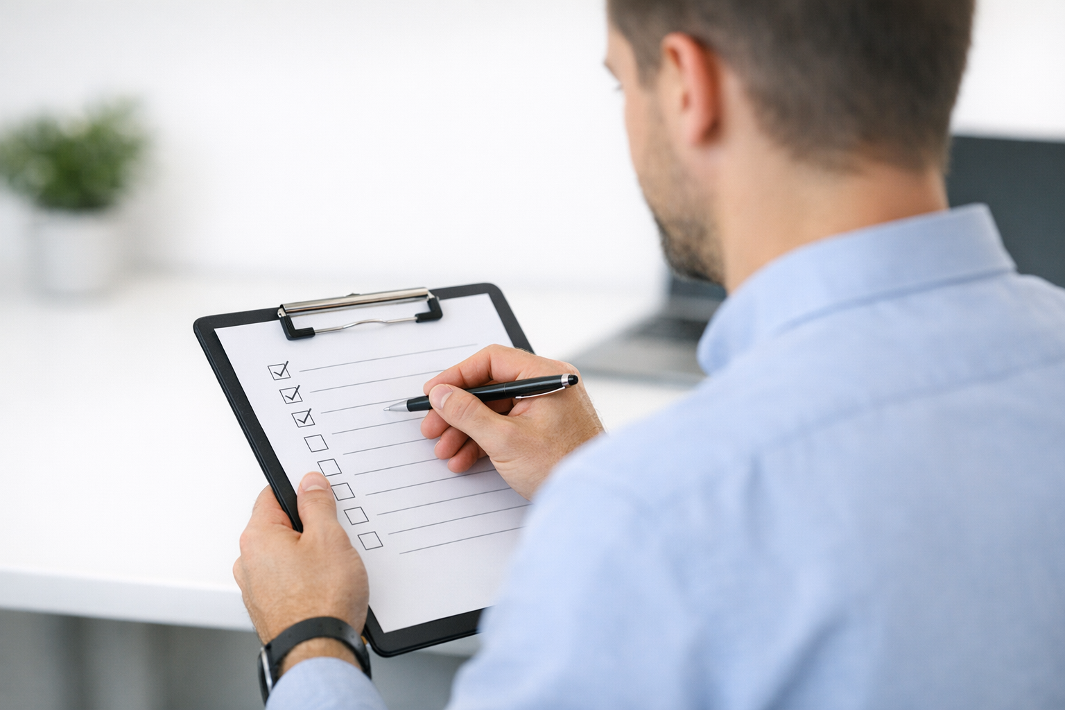 Person reviewing checklist with focus