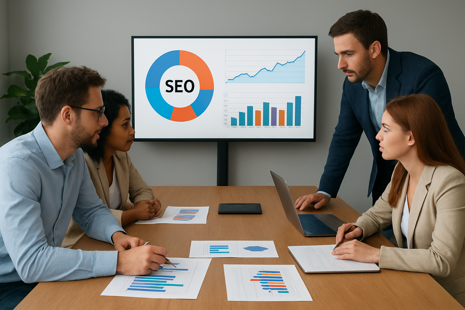 Analyzing SEO charts in a team meeting