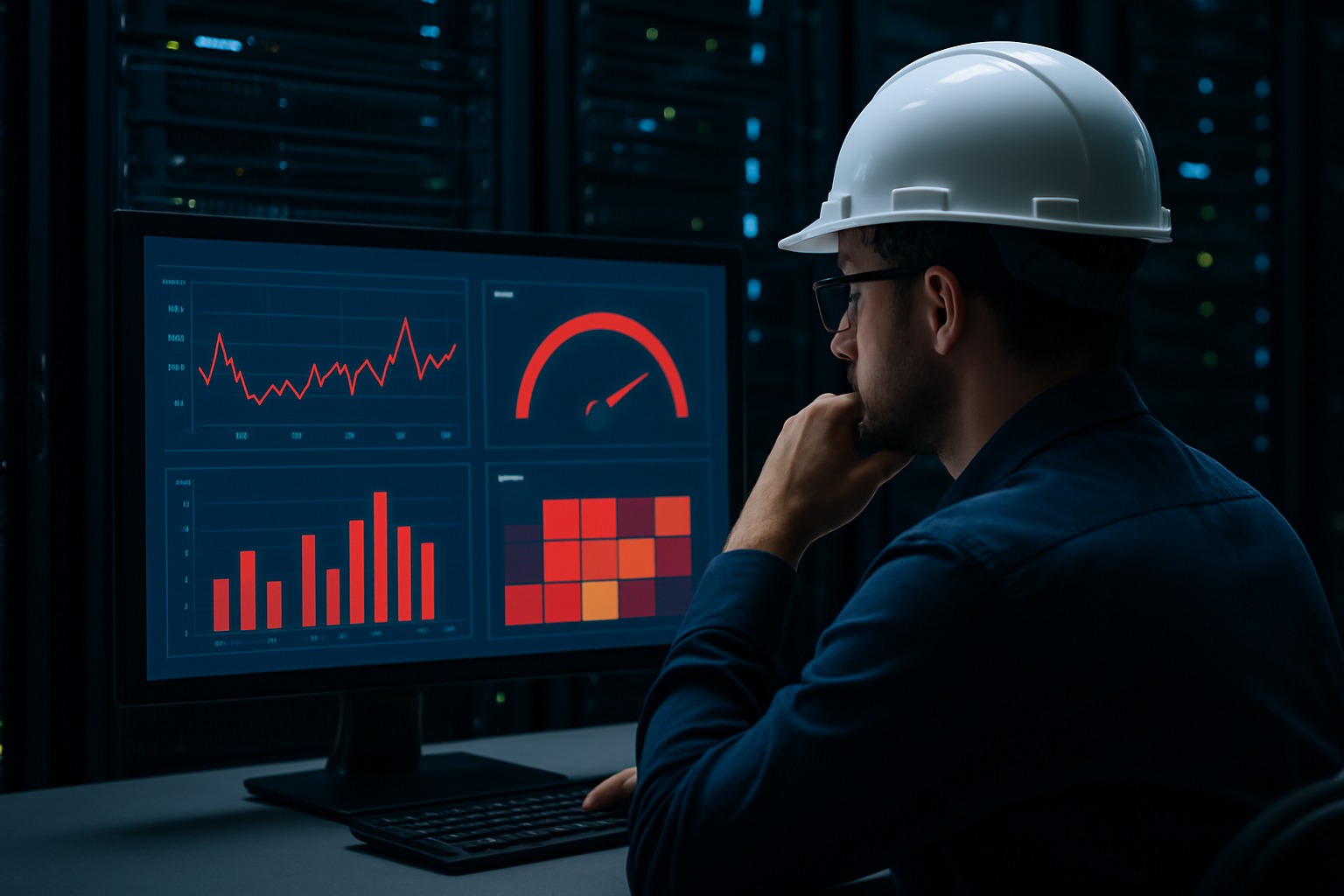 Engineer analyzing server performance metrics