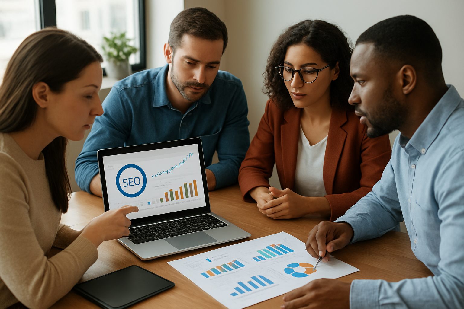 SEO strategy team reviewing performance together