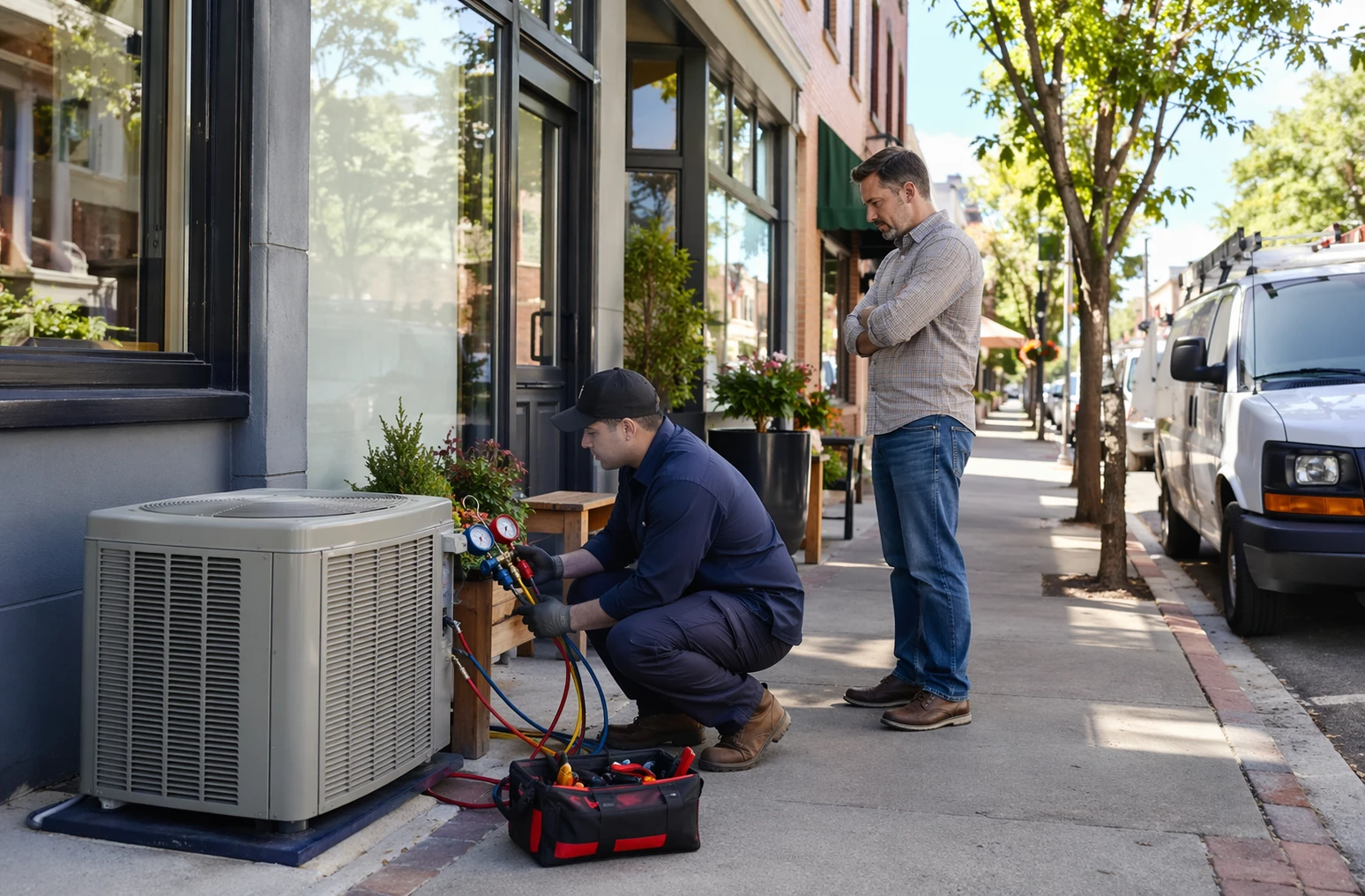 Técnico de climatización reparando unidad exterior en barrio comercial