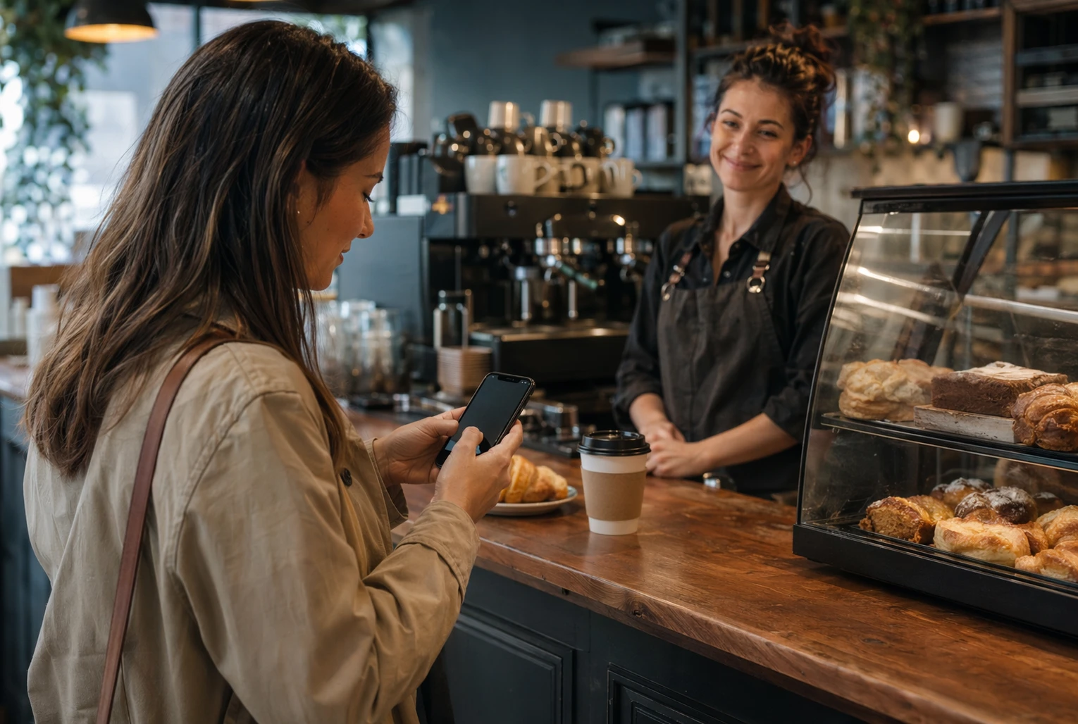 Cliente dejando reseña en móvil en cafetería local