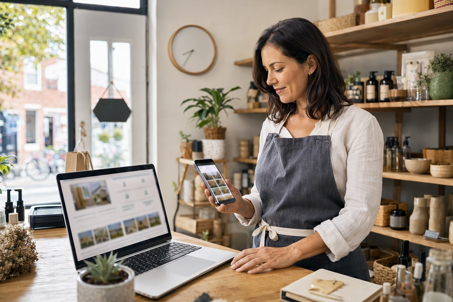 Propietaria actualizando perfil en tienda local