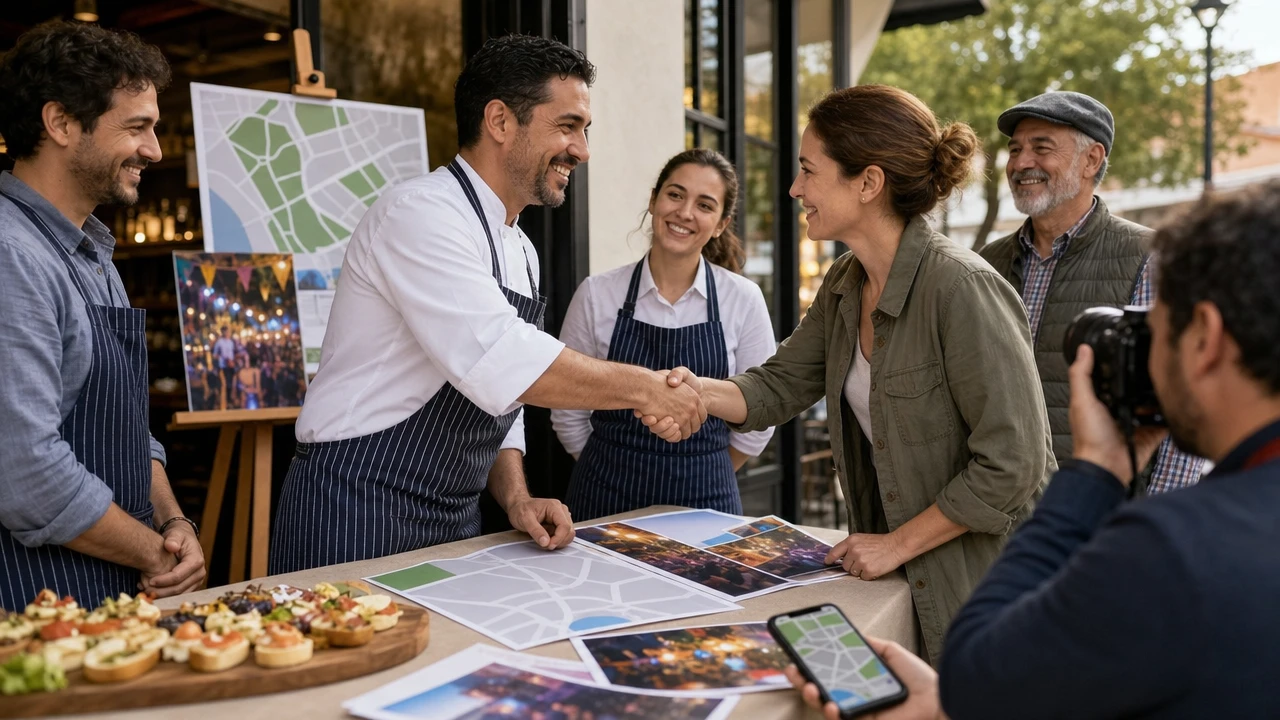 Equipo de restaurante cerrando patrocinio en feria local