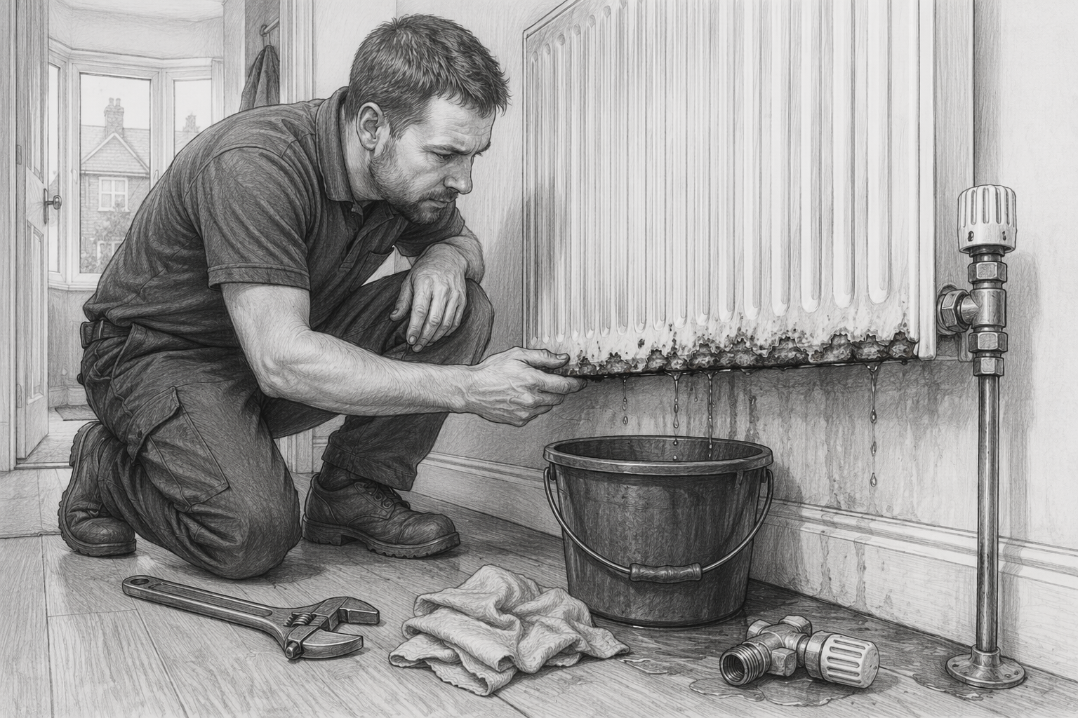 Plumber inspecting rusted radiator joint