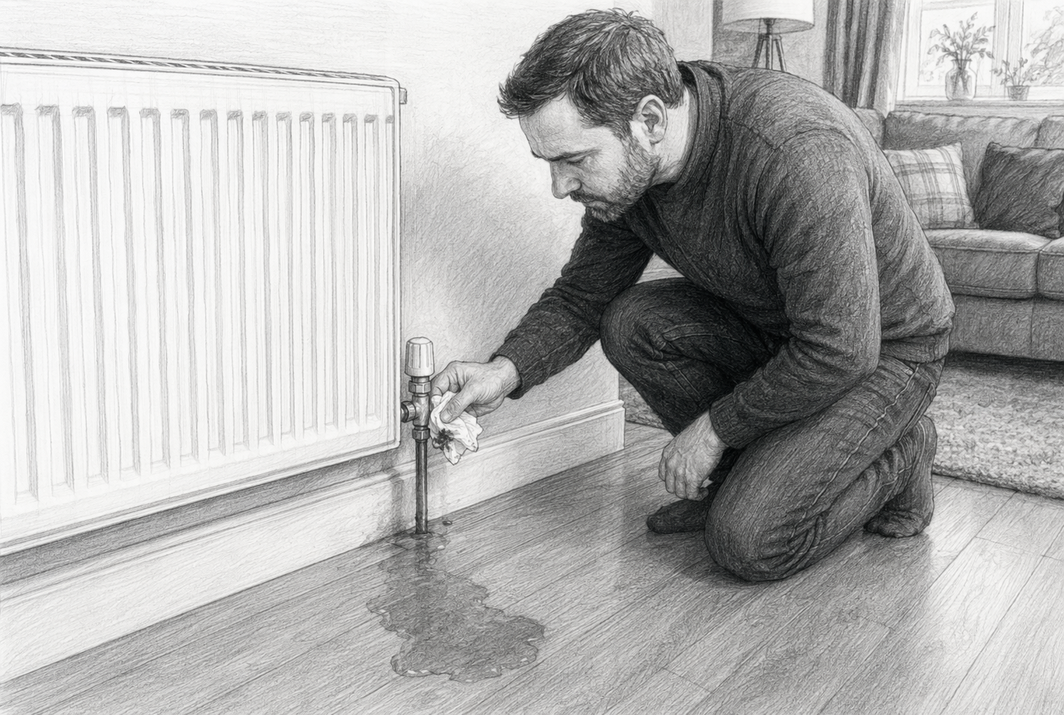 Homeowner inspecting radiator with tissue in living room Homeowner inspecting radiator with tissue in living room