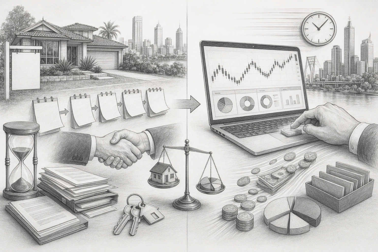 Side-by-side sale timelines for property and shares