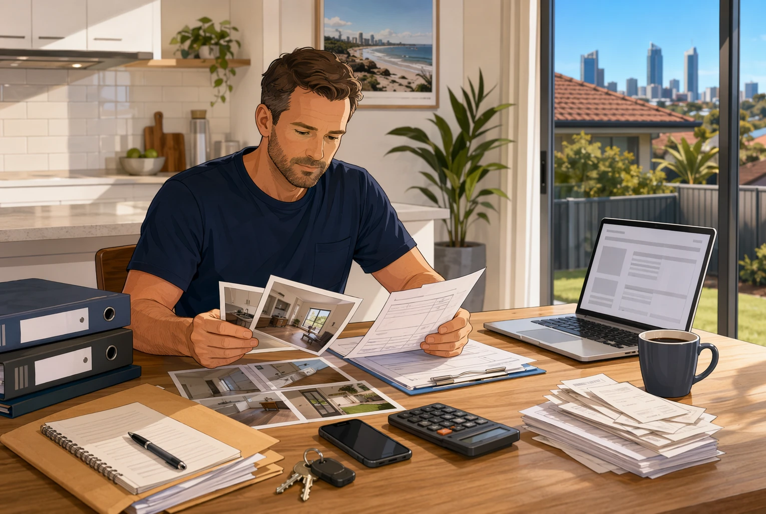 Landlord reviewing inspection photos and invoices at kitchen table