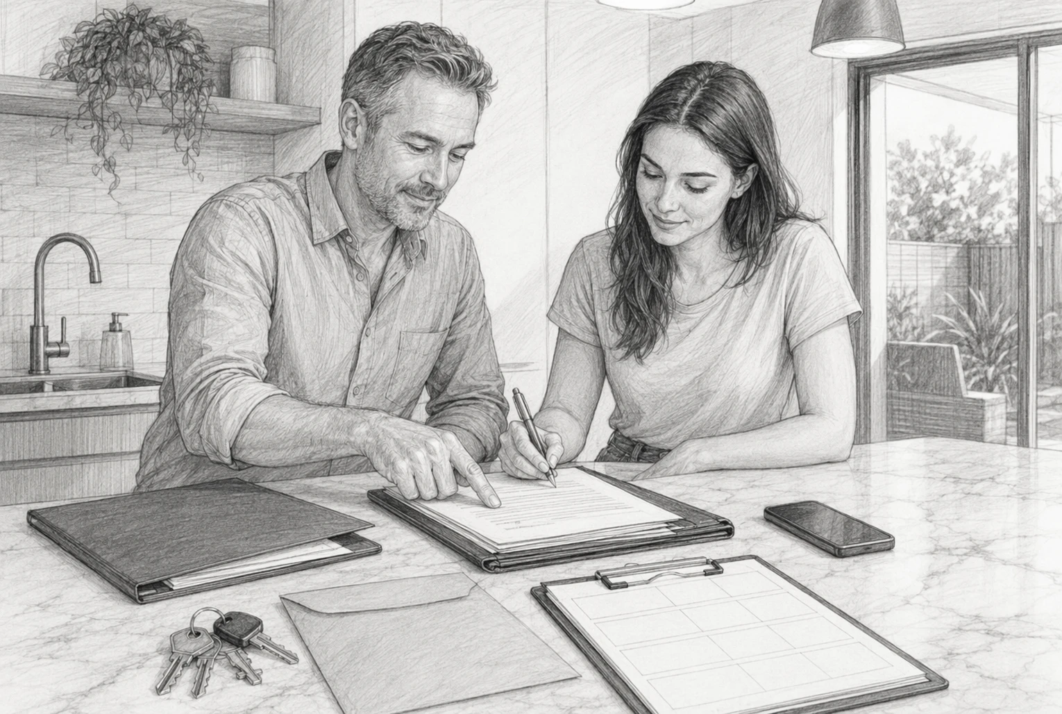 Landlord and tenant signing lease agreement at kitchen bench