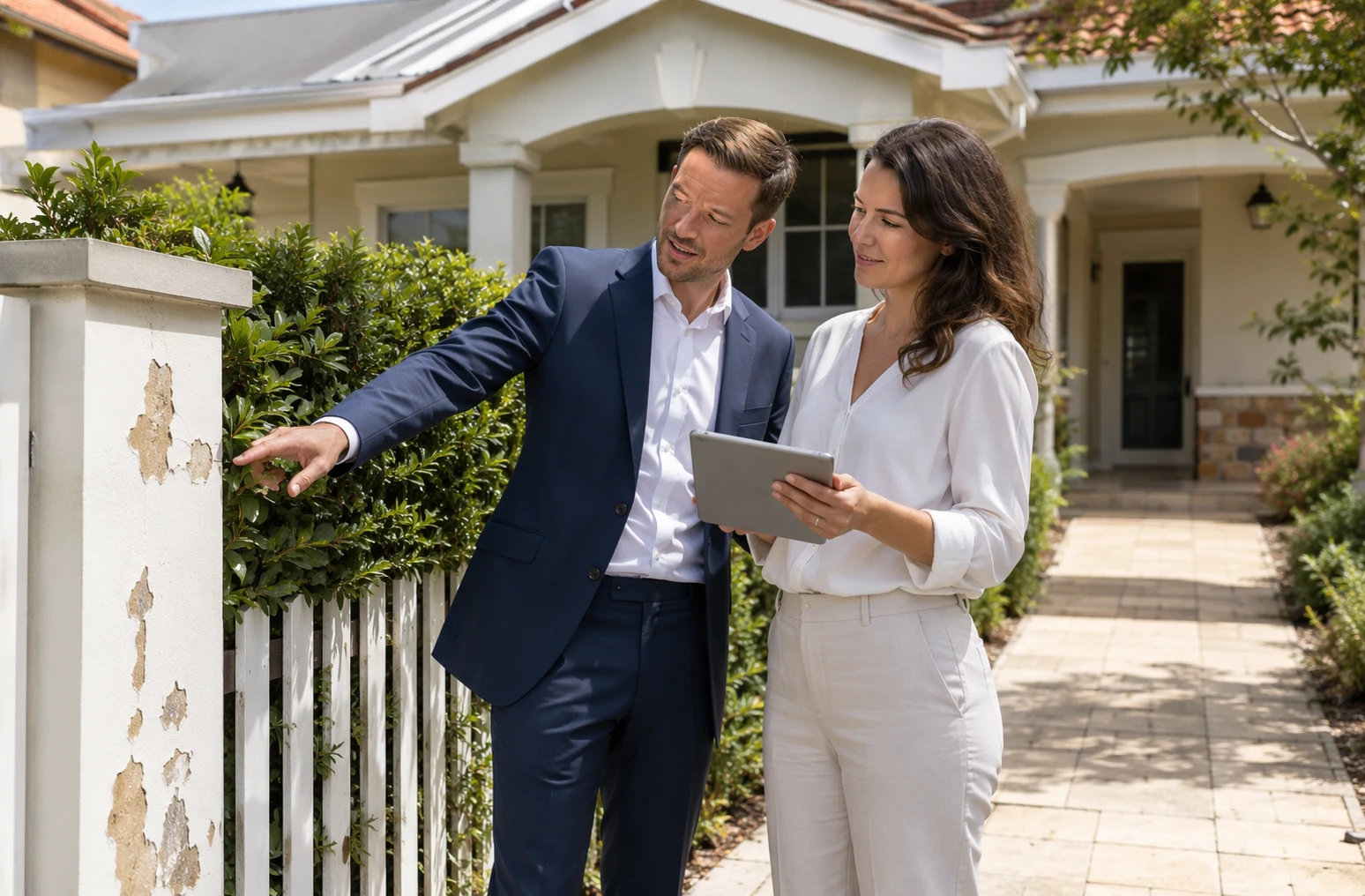 Homeowner and agent inspecting exterior paint and garden upgrades