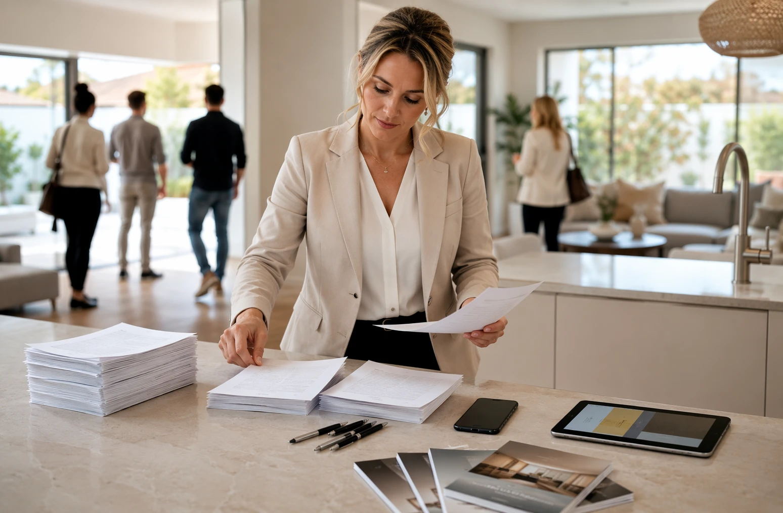 Real estate agent reviewing home open attendance sheets in a modern Perth kitchen