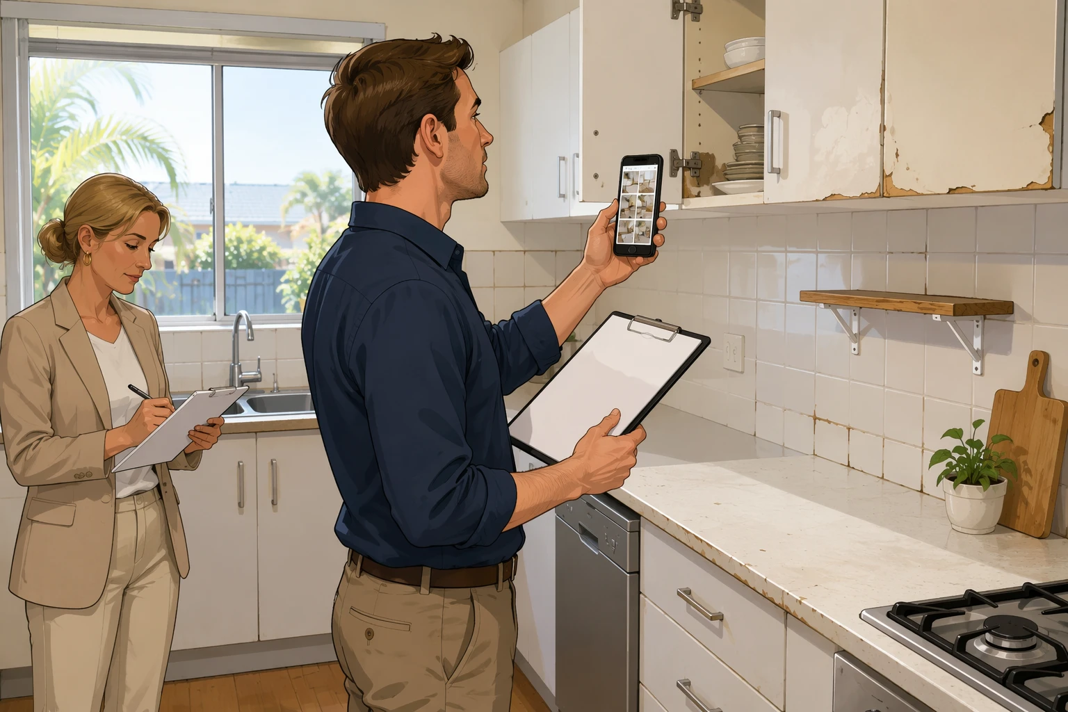 Property manager inspecting rental kitchen with landlord notes