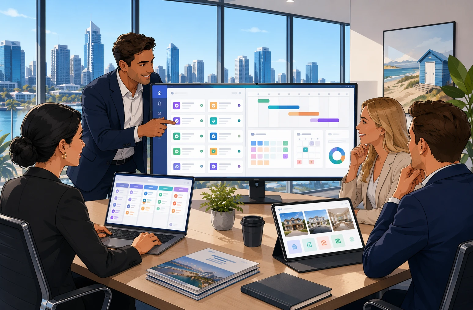 Property management team reviewing lease renewal dashboard in modern office
