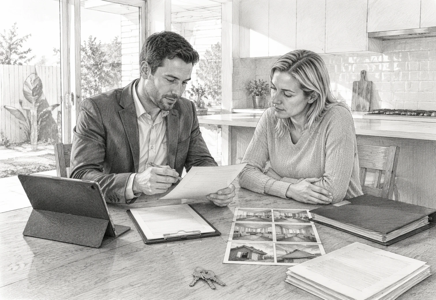 Property manager reviewing rental inspection documents at kitchen table