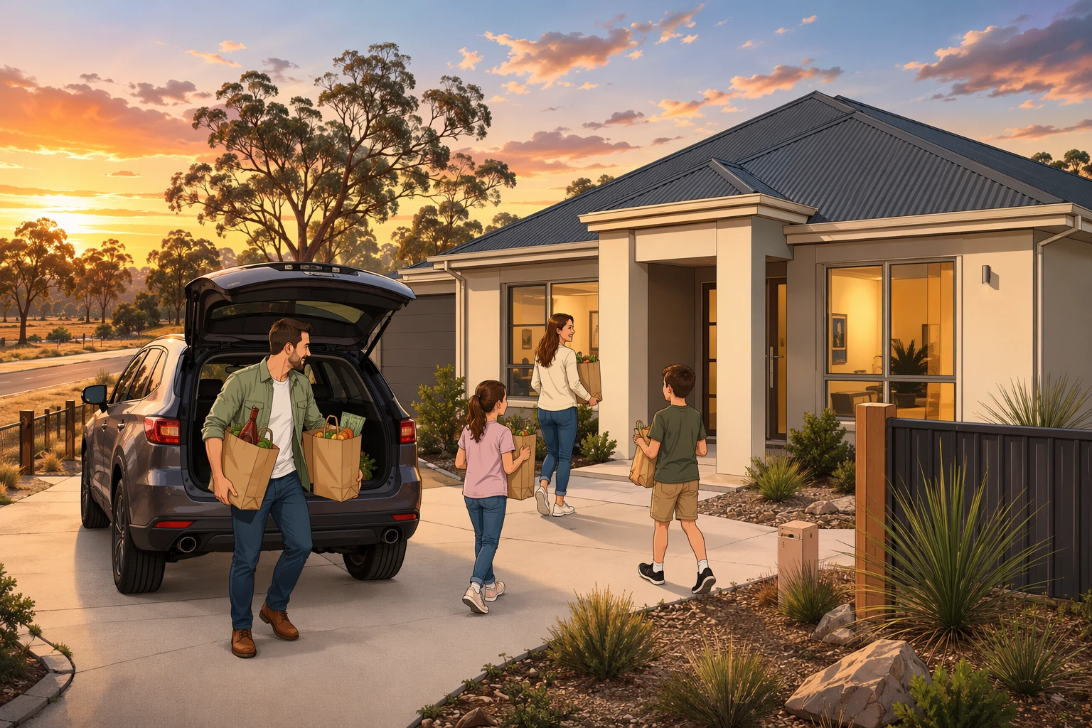 Family unloading groceries outside Bullsbrook house at sunset
