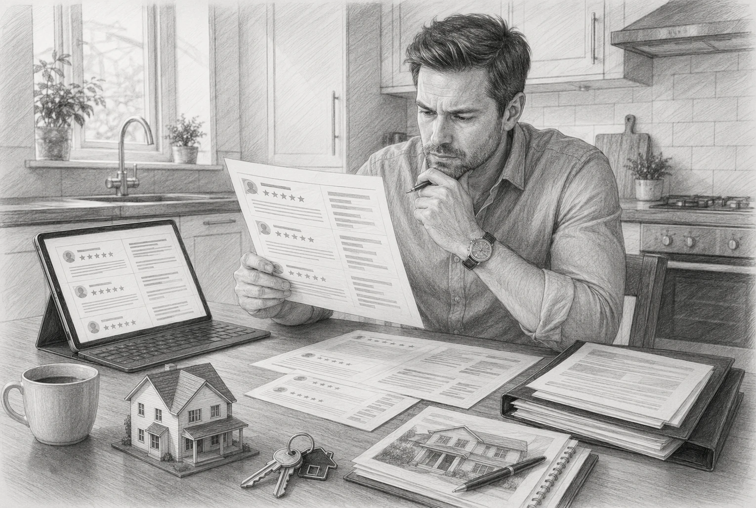 Investor reviewing property management feedback at kitchen table