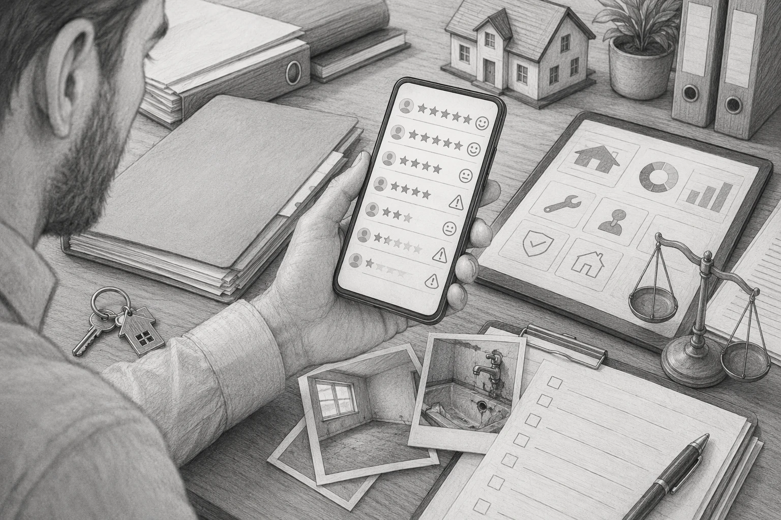Landlord reviewing mixed property management reviews on phone