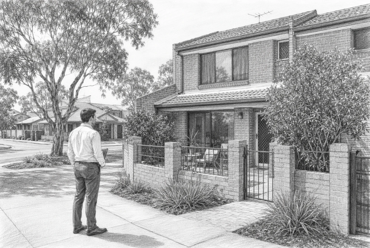 Investor inspecting established townhouse on suburban street
