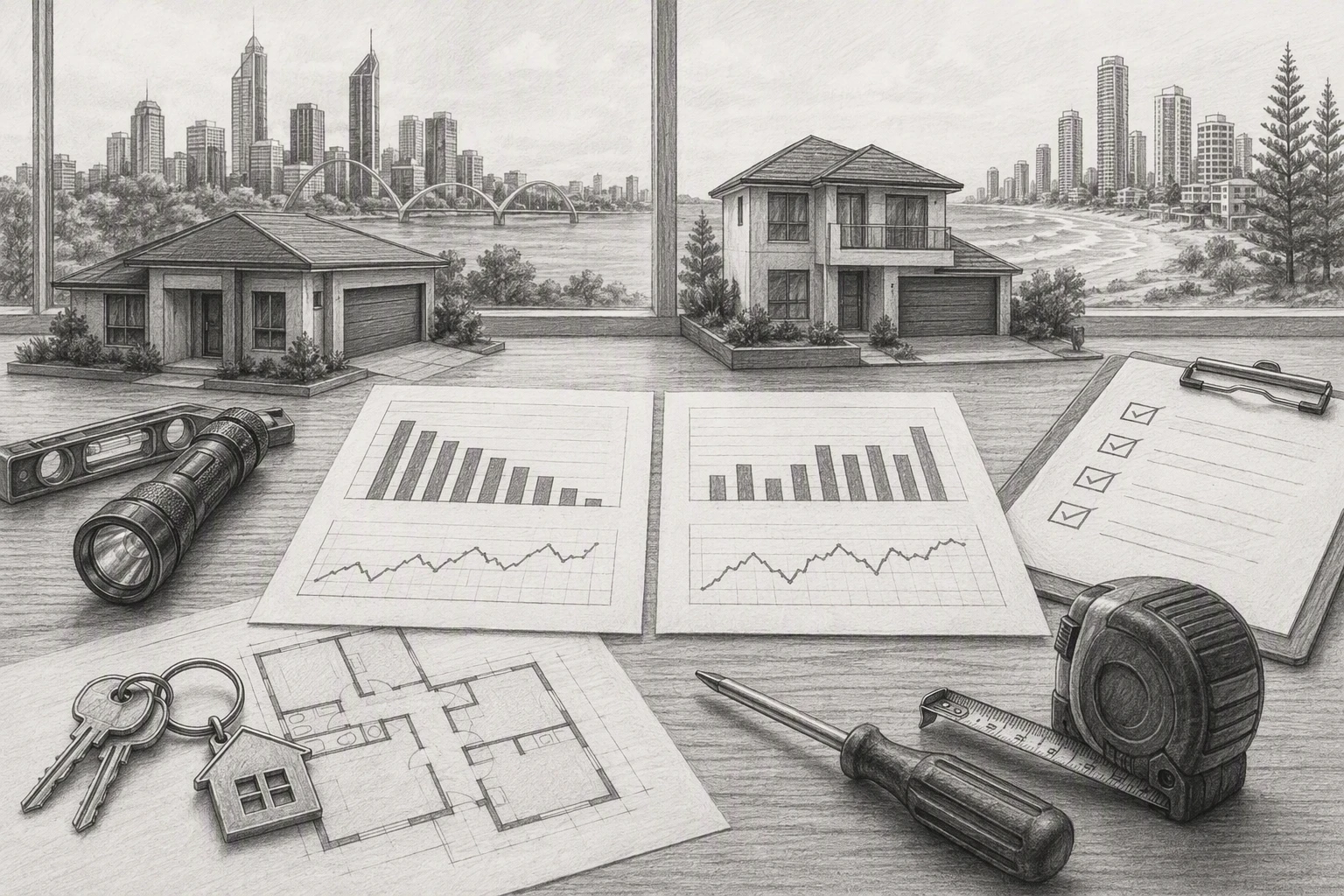 Comparison chart of Perth vacancy rates in pencil sketch style