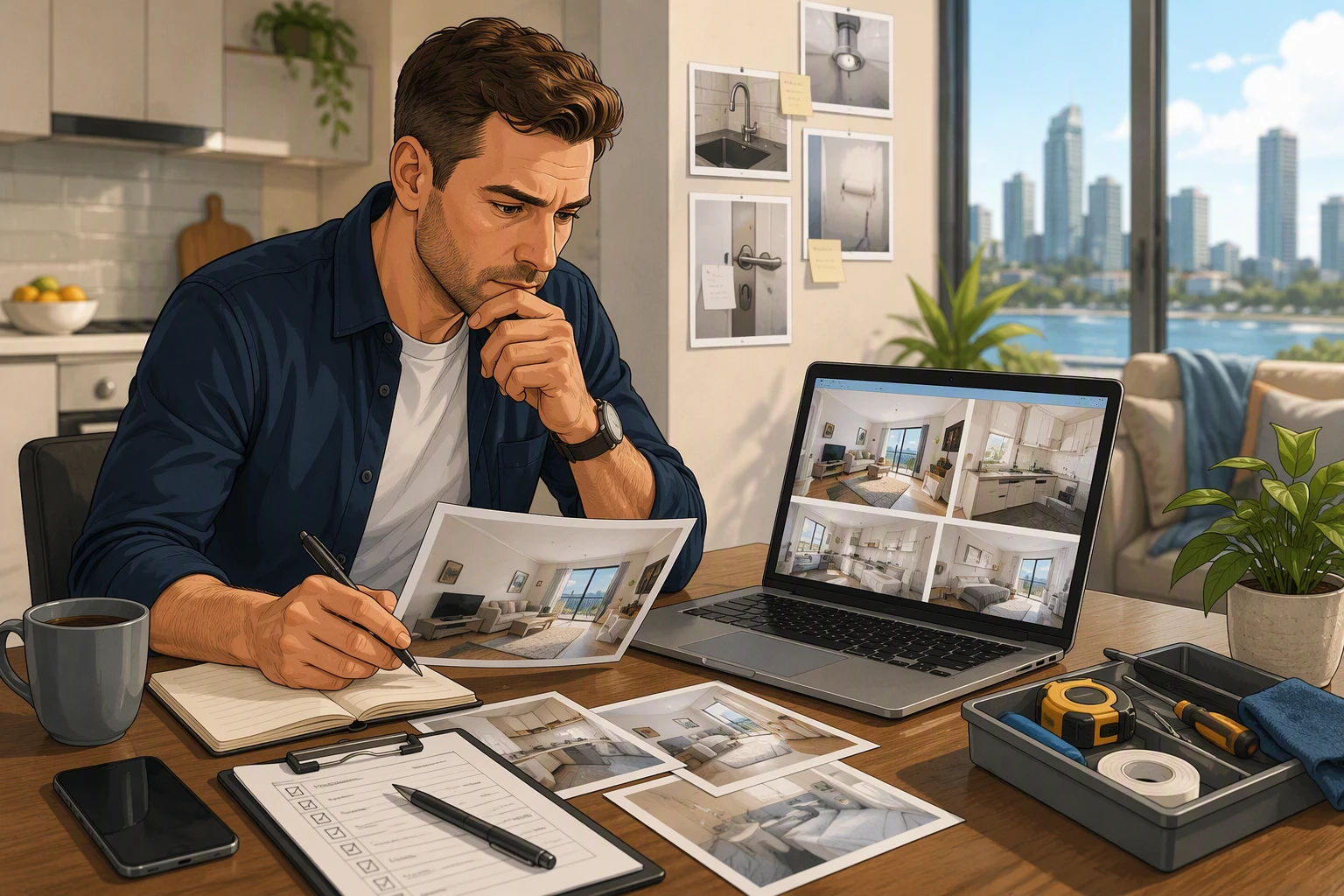 Landlord reviewing rental photos and inspection notes