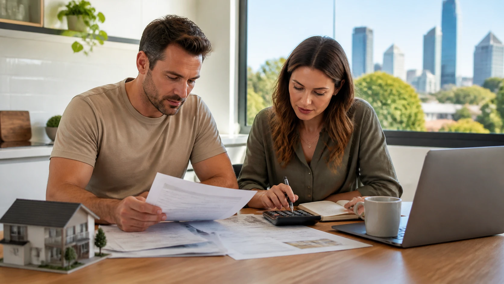 Perth couple reviewing mortgage papers at kitchen table