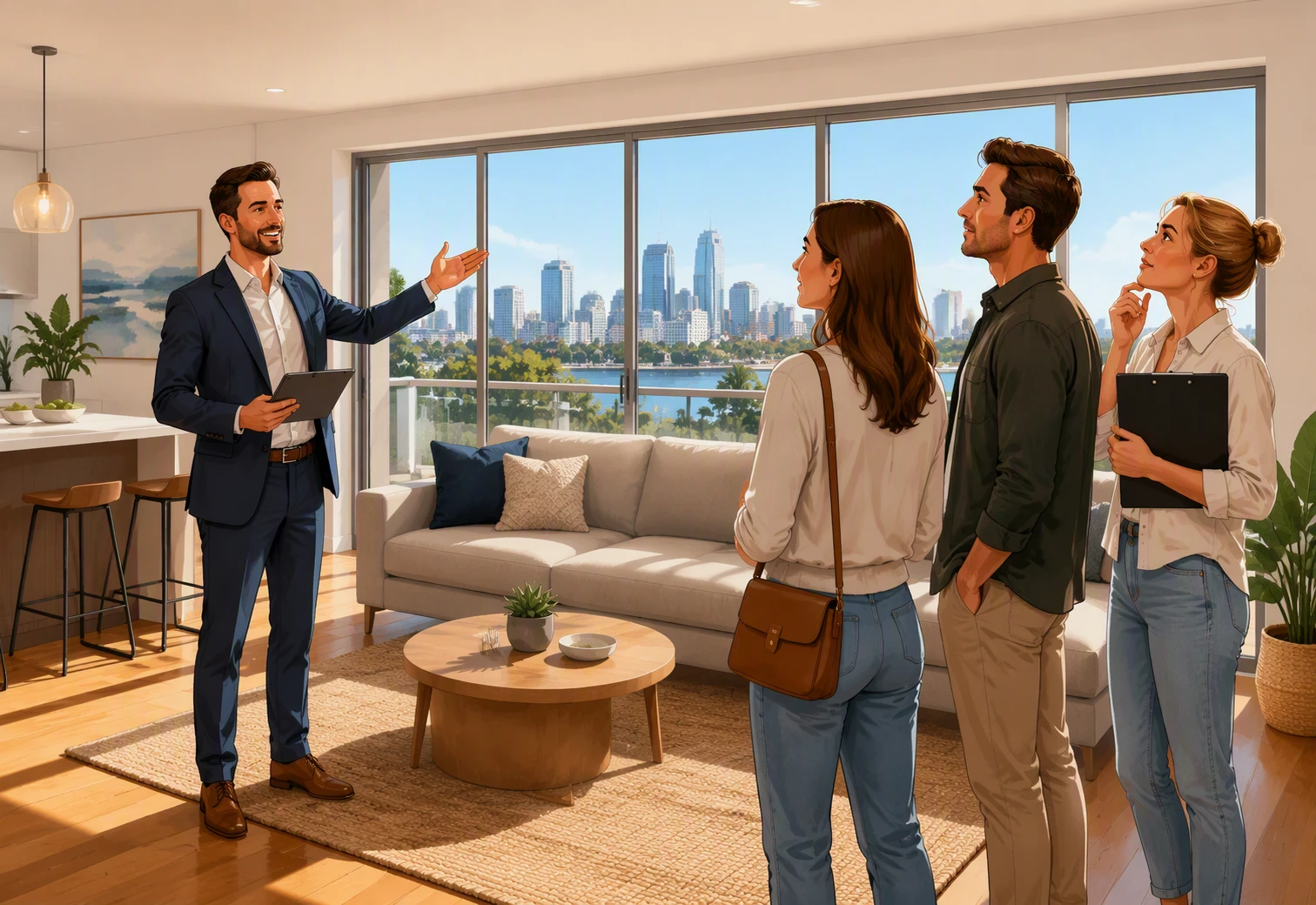 Property manager showing a Perth rental living room to prospective tenants