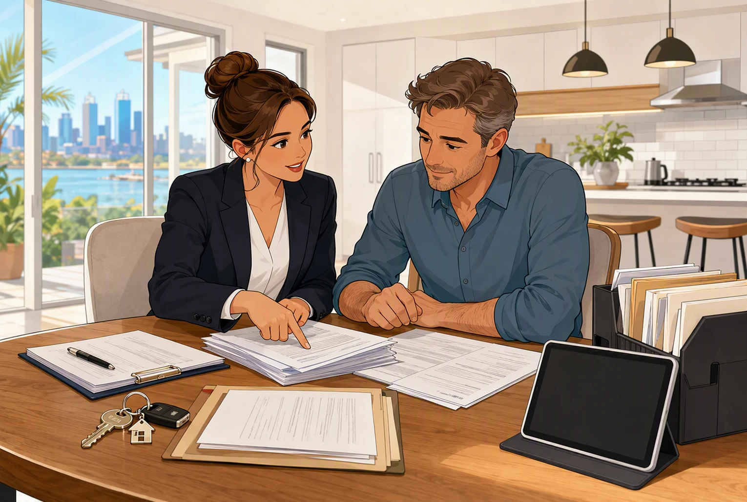 Property manager reviewing tenancy agreements at kitchen table