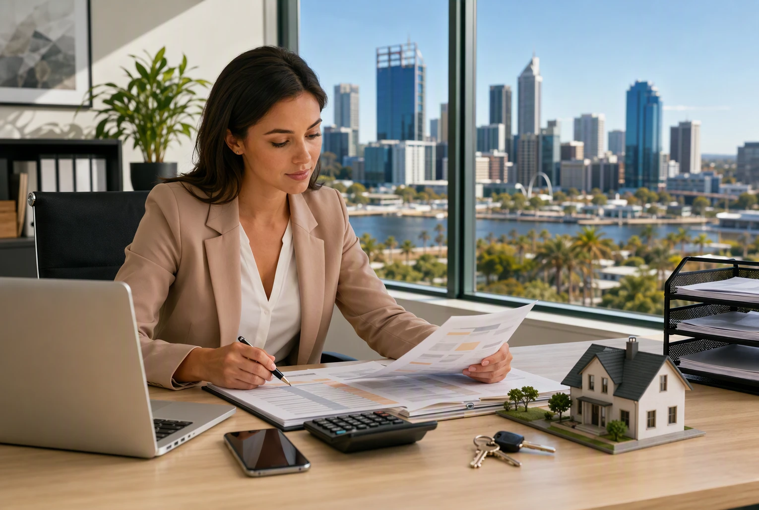 Property manager reviewing overdue rent ledger at office desk