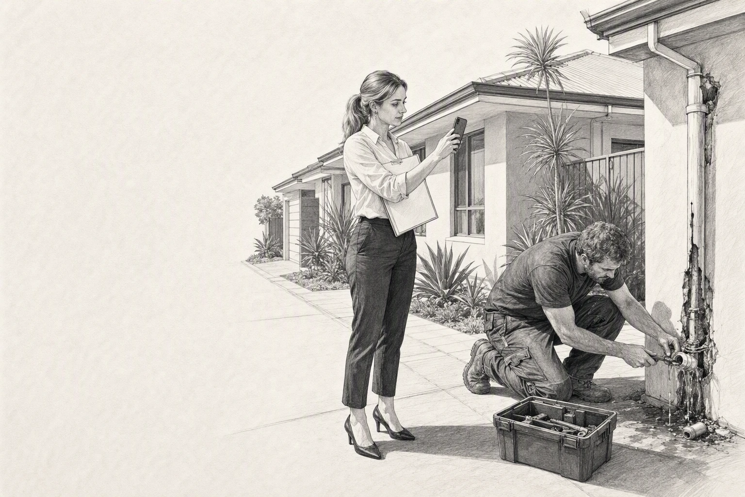 Perth property manager overseeing on-site repair with tradesperson