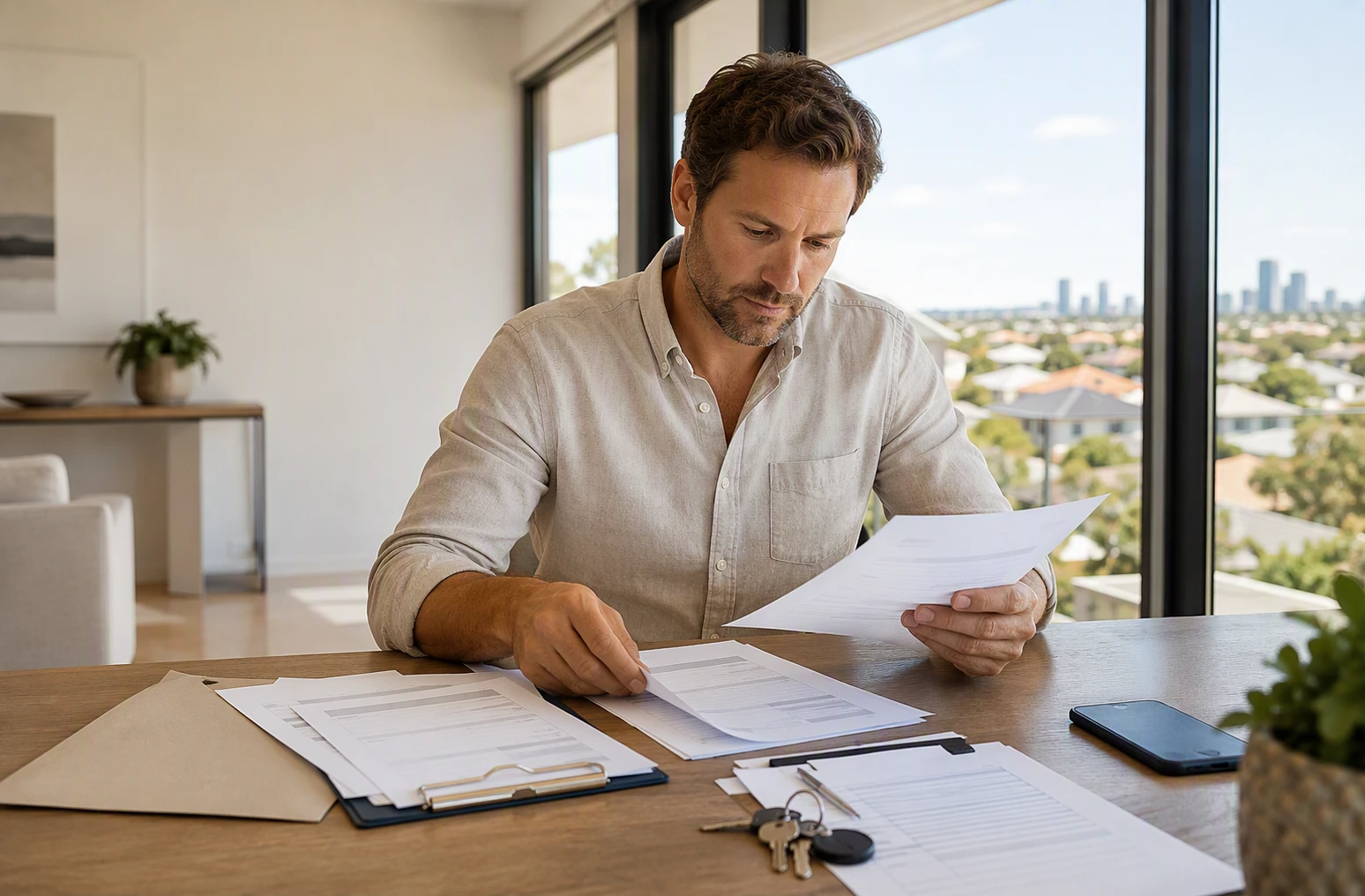 Perth landlord reviewing lease and maintenance records at home office
