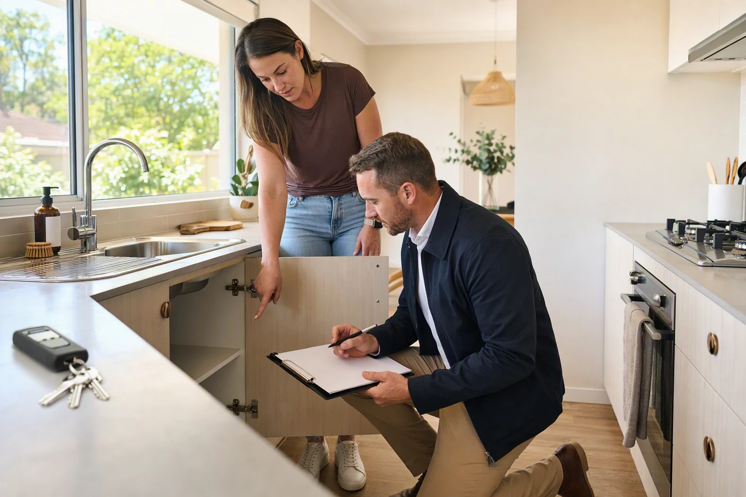 Property manager inspecting rental kitchen with maintenance checklist