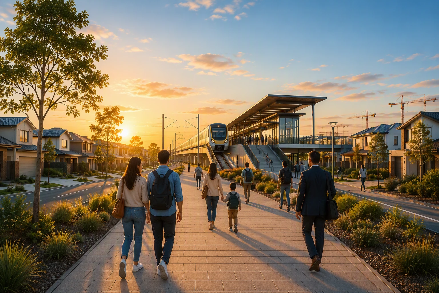 Sunrise commuters walking toward Ellenbrook Station past modern family homes