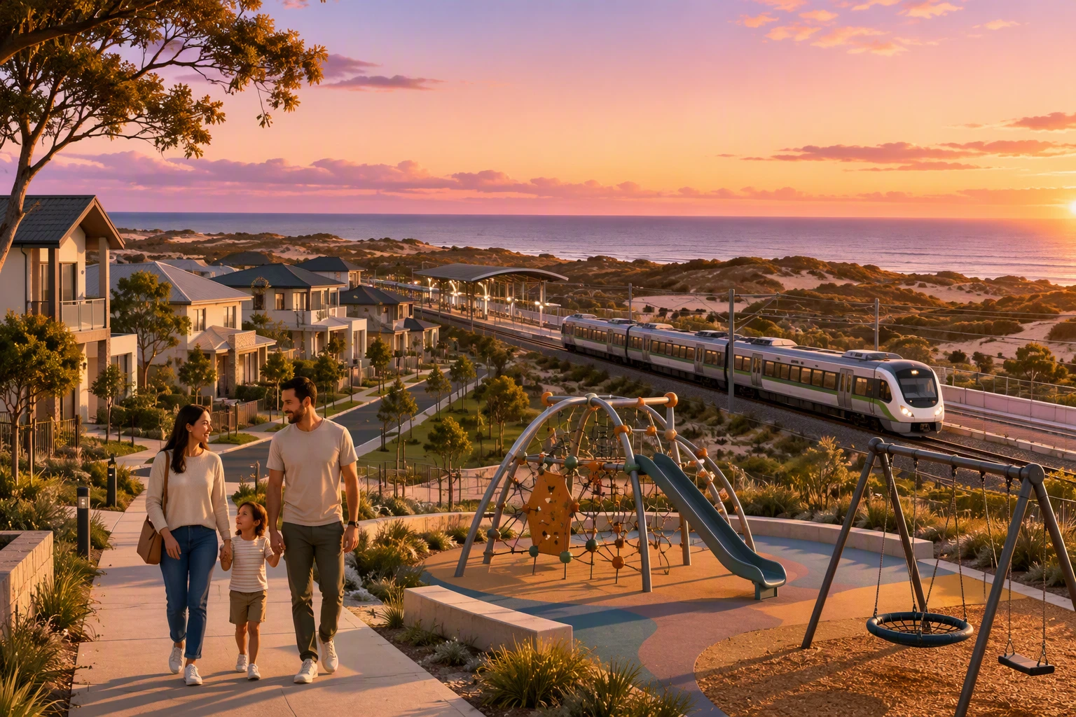 Coastal families stroll past Alkimos playground at dusk