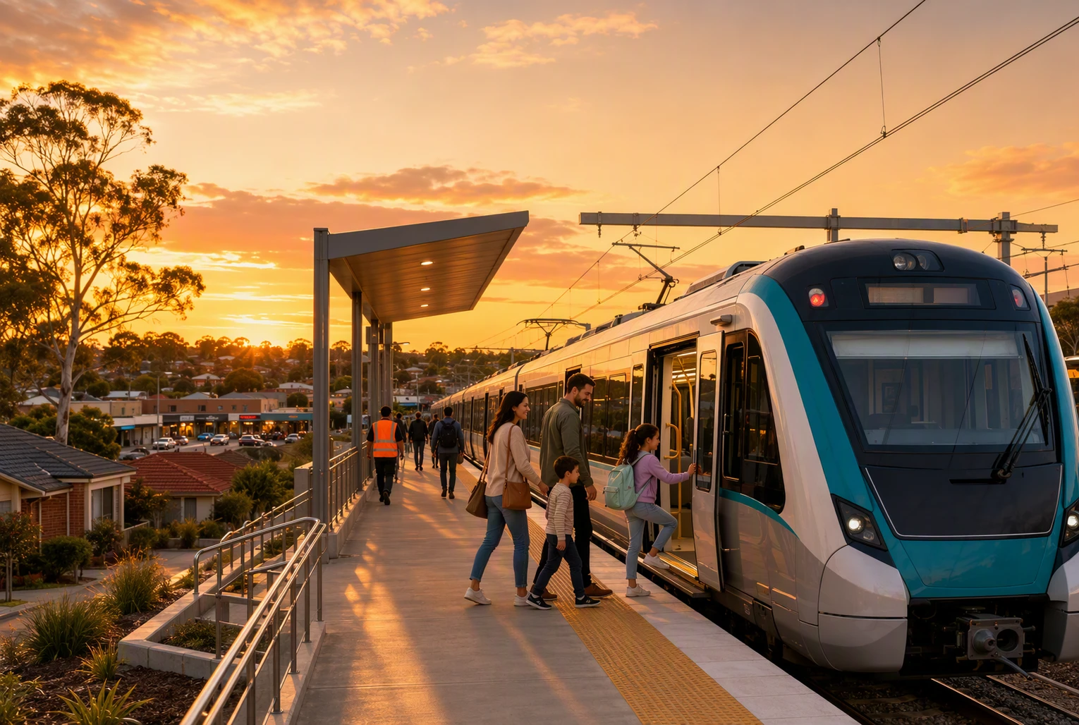 Families boarding trains near modern homes at sunset