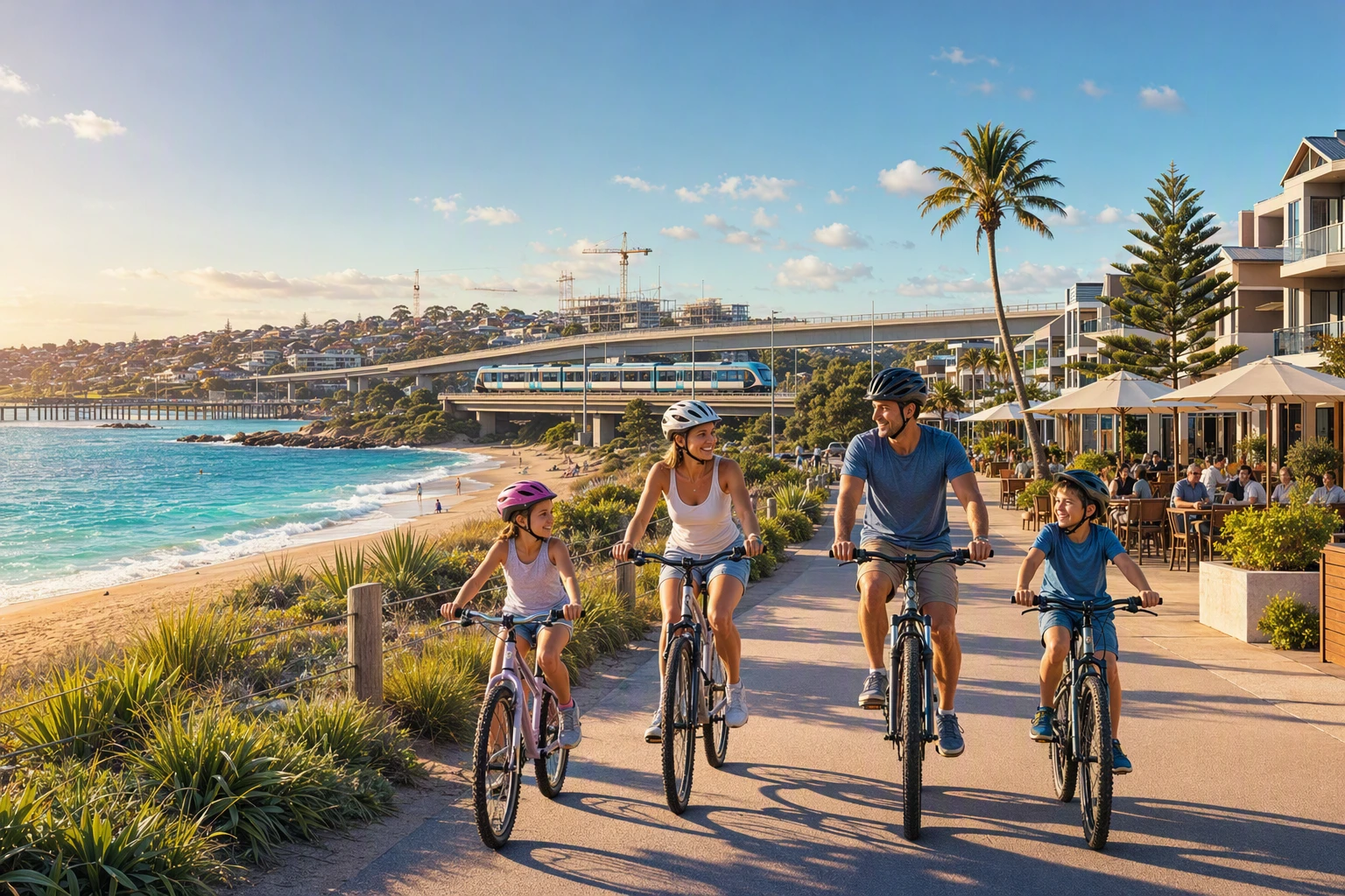 Family cycling past Rockingham foreshore cafes and coastal homes
