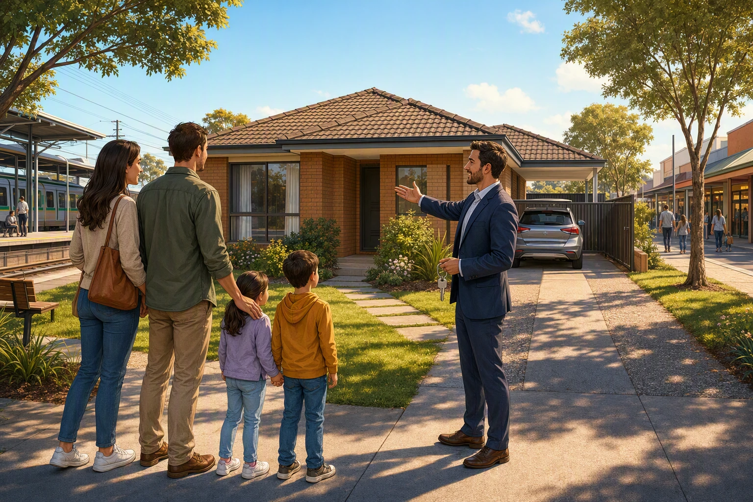 Family inspects three-bedroom rental near train and shops