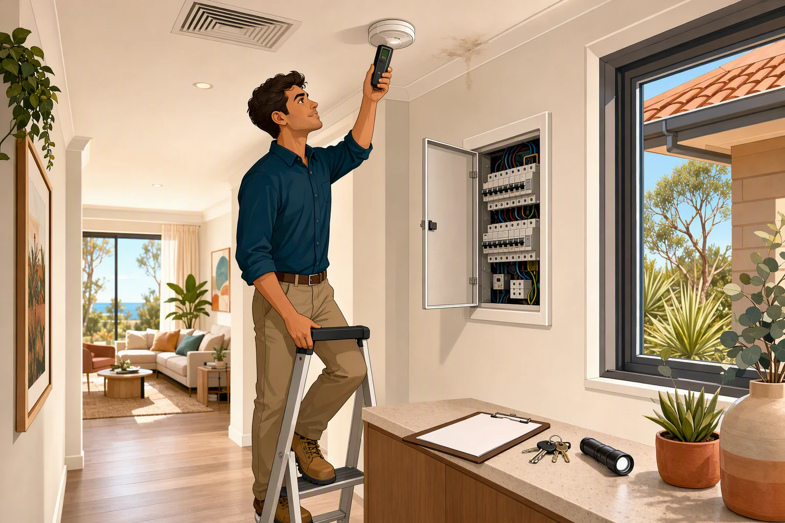 Property manager checks smoke alarm compliance inside rental home