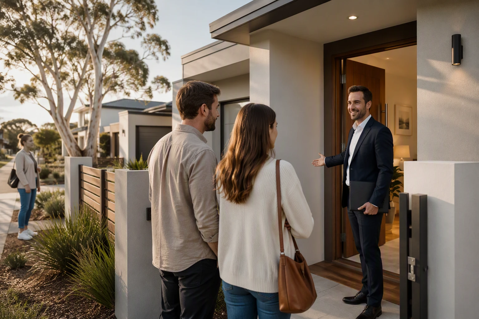 Couple inspects rare Perth rental with agent at door