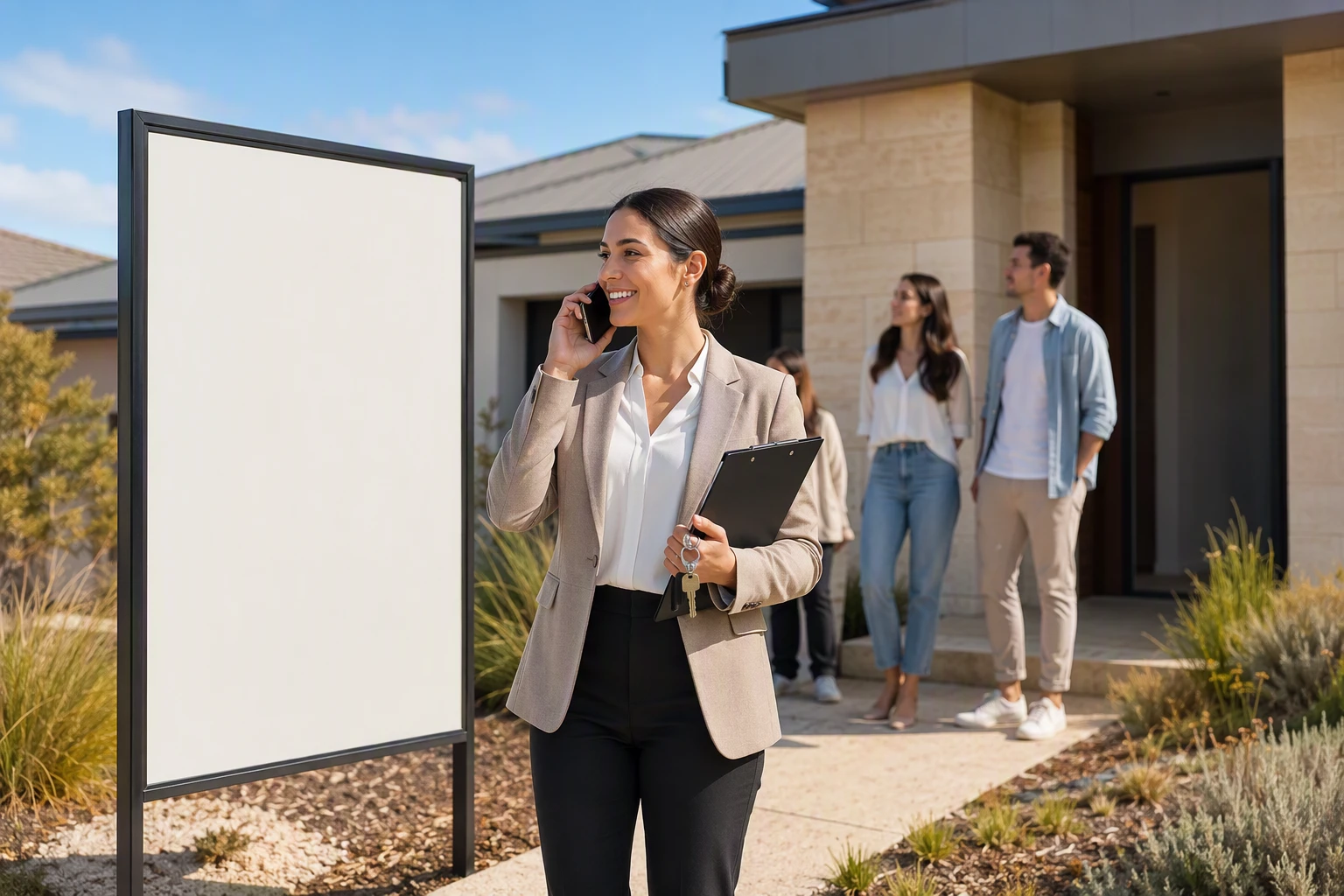 Property manager reviewing inquiries beside Perth rental sign