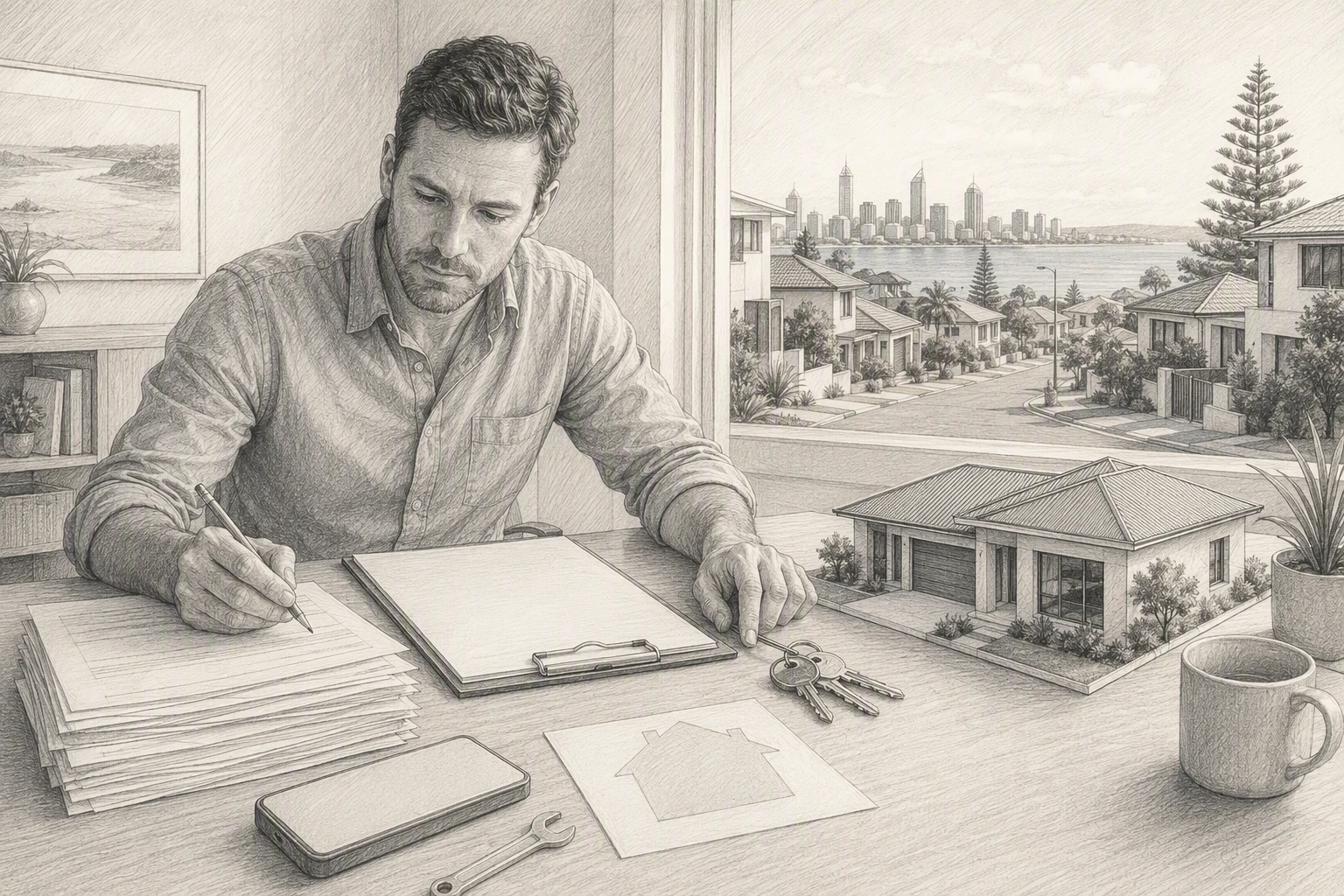 Investor analyzing Perth rental costs with keys and inspection report