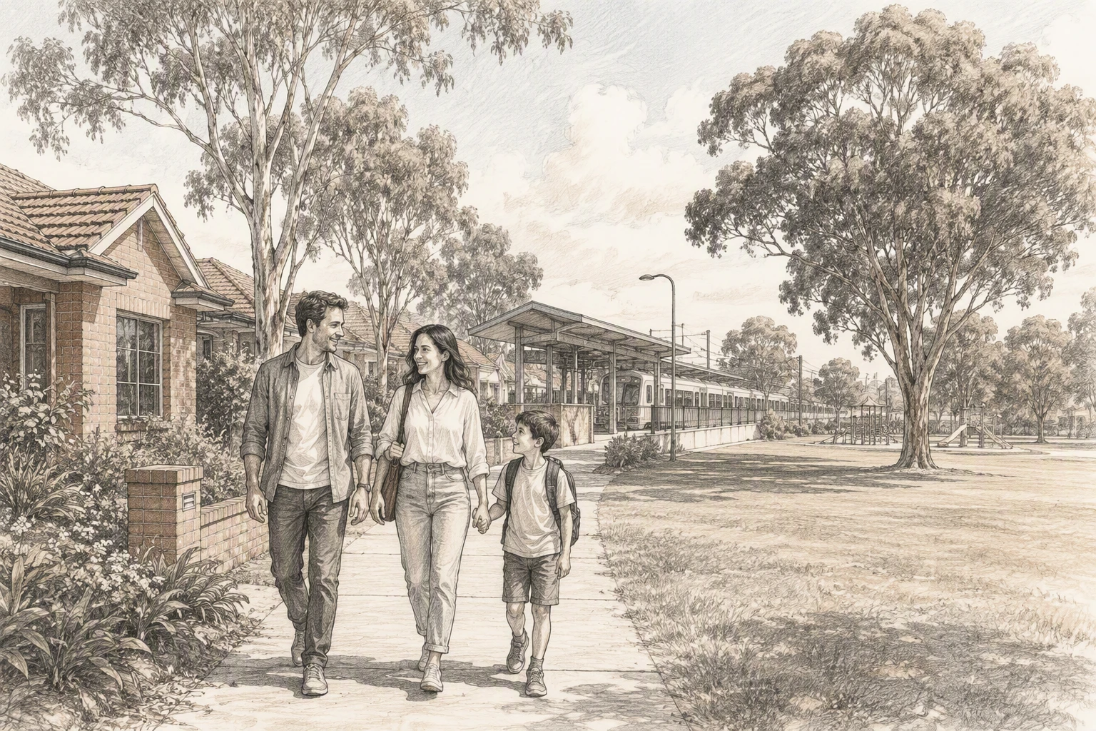 Family strolls past Maddington station with brick homes and park greenery